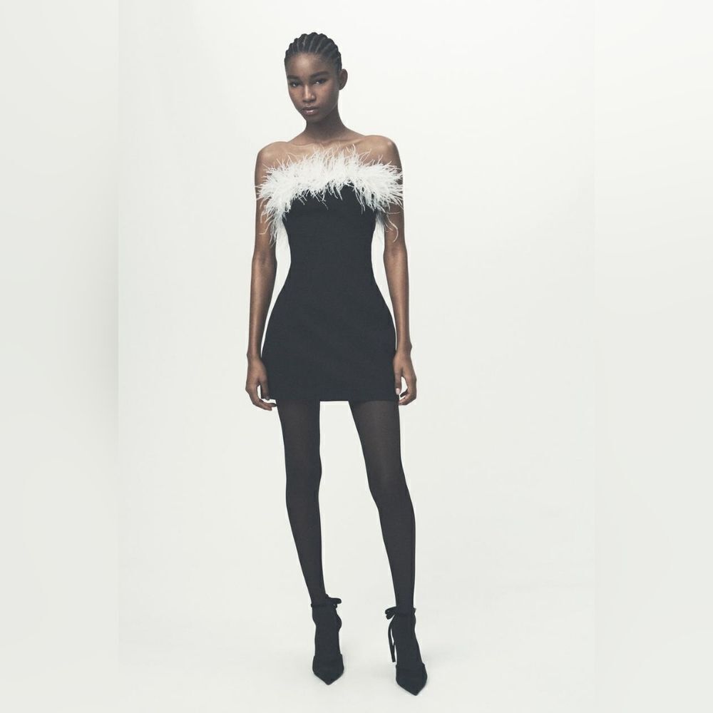 NWT ZARA mini dress with feathers contrast white and black - Picture 10 of 17